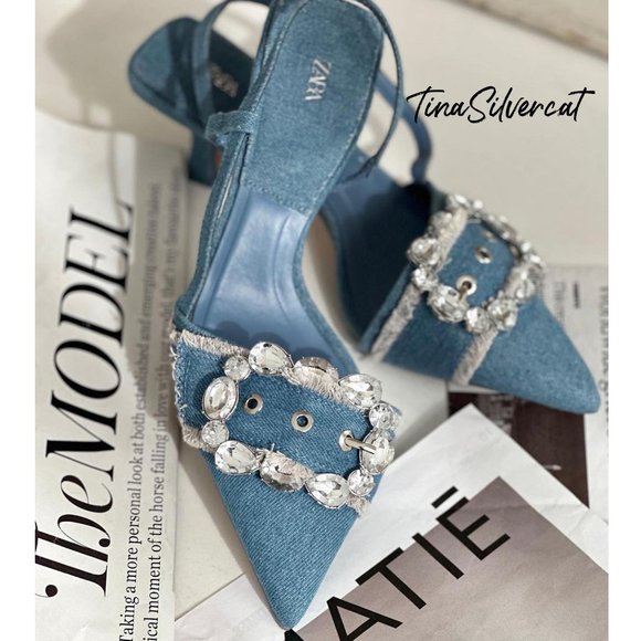 BLOGGER'S FAVE! Zara Buckled Denim Slingback Shoes Heels Blue NWT - Picture 1 of 12